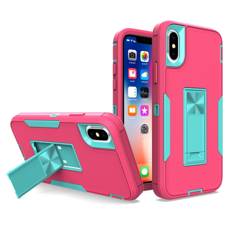 

For iPhone XS Max Magnetic Holder Phone Case(Rose Red + Blue-green)