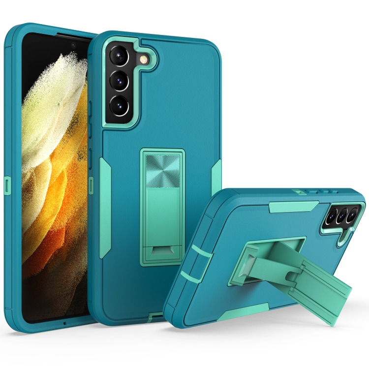 

For Samsung Galaxy S22 5G Magnetic Holder Phone Case(Lake Blue + Blue-green)