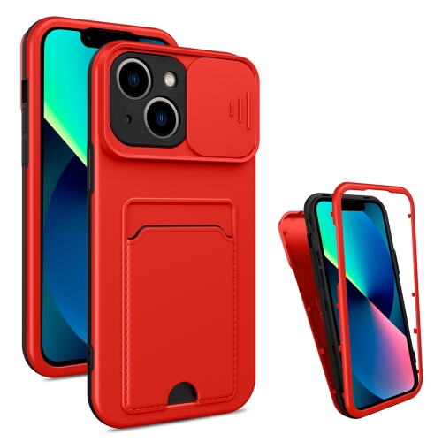 

3 in 1 Sliding Camshield Card Phone Case For iPhone 13(Black + Red)