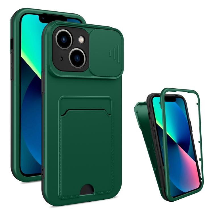 

3 in 1 Sliding Camshield Card Phone Case For iPhone 13(Black + Dark Green)