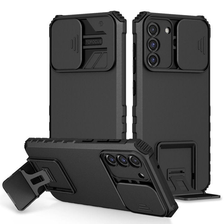 

For Samsung Galaxy S21 FE 5G Stereoscopic Holder Sliding Camshield Phone Case(Black)