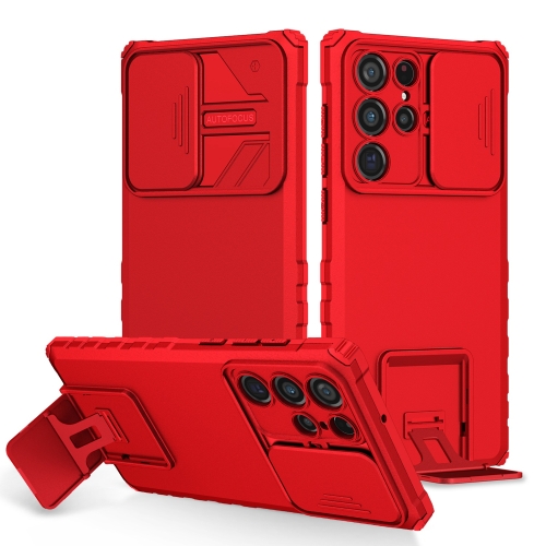 

For Samsung Galaxy S22 Ultra 5G Stereoscopic Holder Sliding Camshield Phone Case(Red)