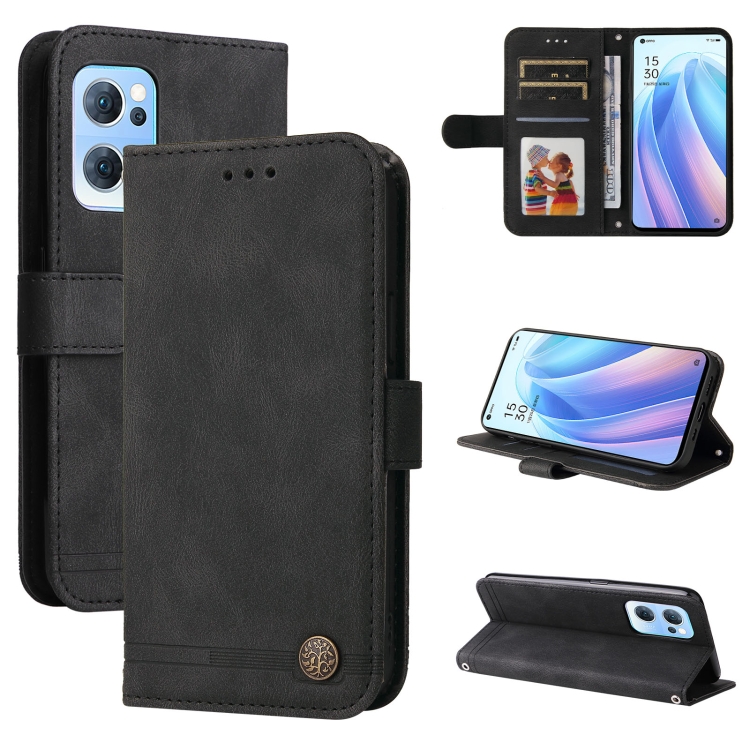 

For OPPO Reno7 5G / Find X5 Lite Global Skin Feel Life Tree Metal Button Leather Phone Case(Black)