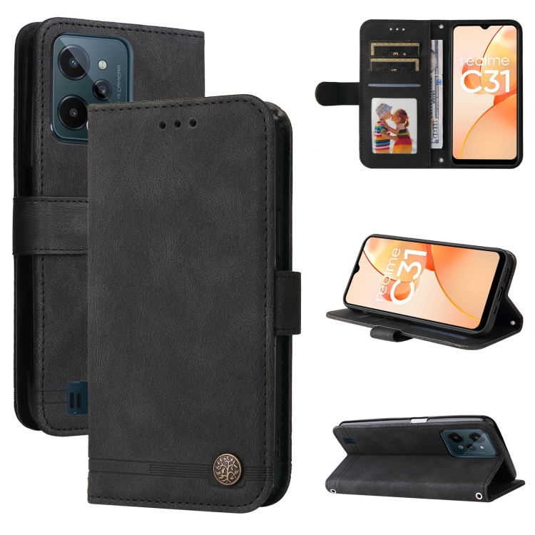 

For OPPO Realme C31 Skin Feel Life Tree Metal Button Leather Phone Case(Black)