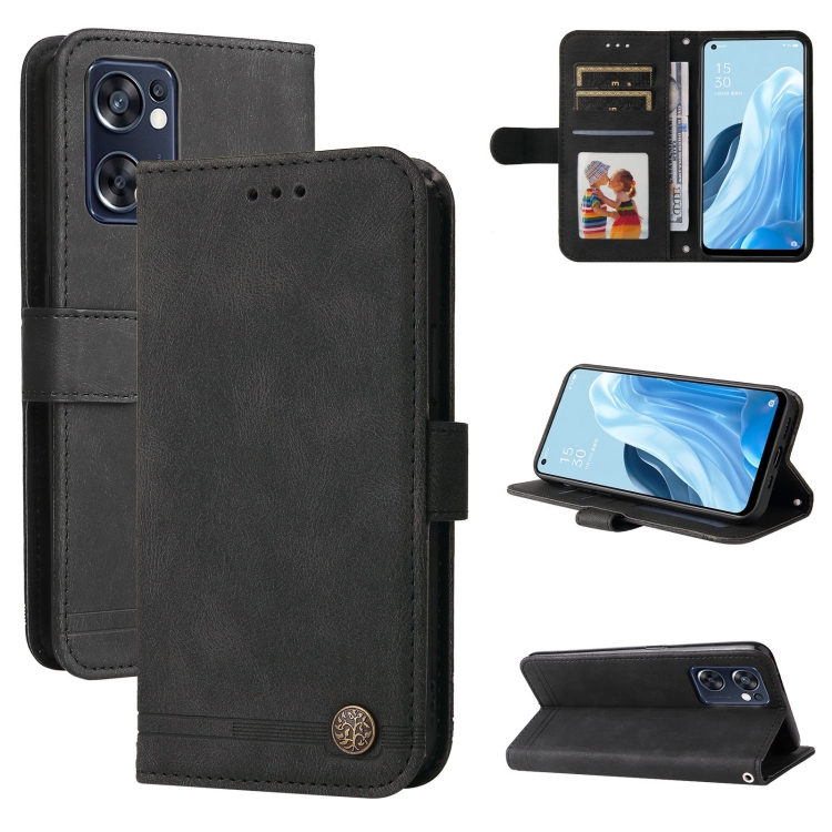 

For OPPO Reno7 SE 5G Skin Feel Life Tree Metal Button Leather Phone Case(Black)