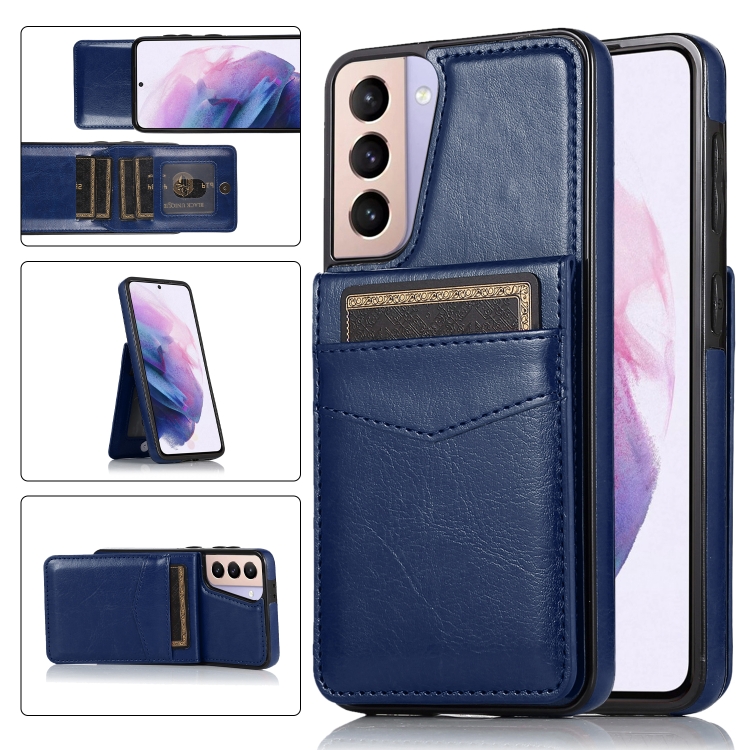 

For Samsung Galaxy S21 5G Solid Color PC + TPU Protective Case with Holder & Card Slots(Blue)