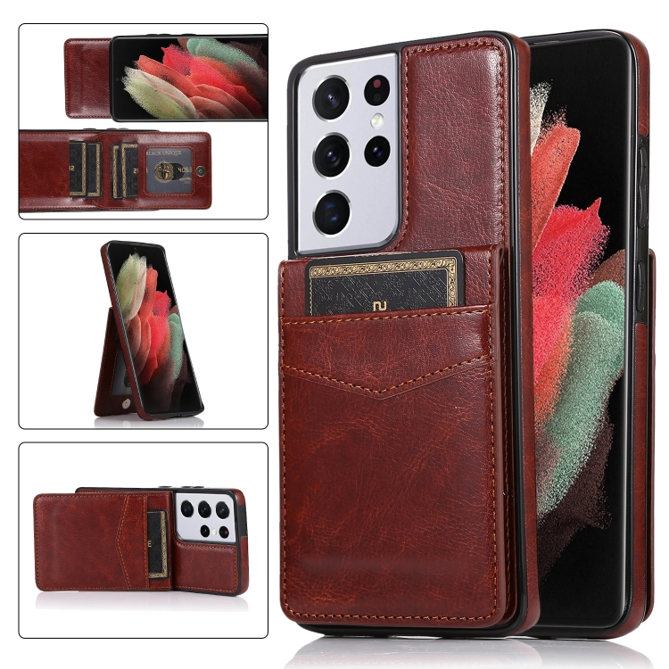 

For Samsung Galaxy S21 Ultra 5G Solid Color PC + TPU Protective Case with Holder & Card Slots(Brown)