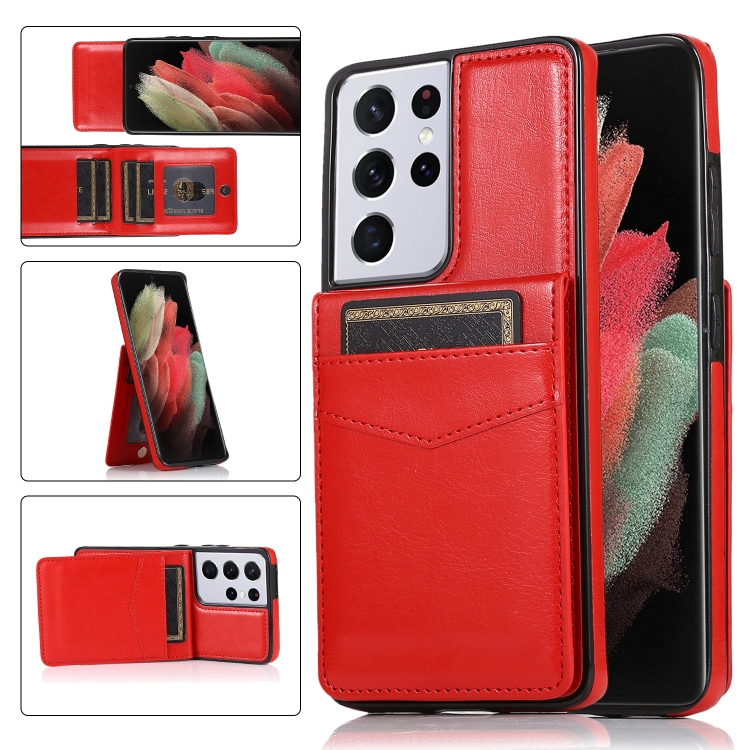 

For Samsung Galaxy S21 Ultra 5G Solid Color PC + TPU Protective Case with Holder & Card Slots(Red)