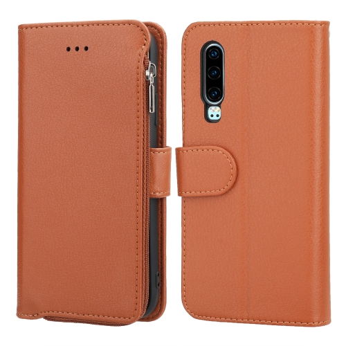 

For Huawei P30 Microfiber Zipper Horizontal Flip Leather Case(Brown)