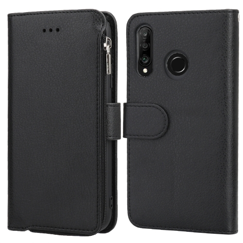 

For Huawei P30 Lite Microfiber Zipper Horizontal Flip Leather Case(Black)