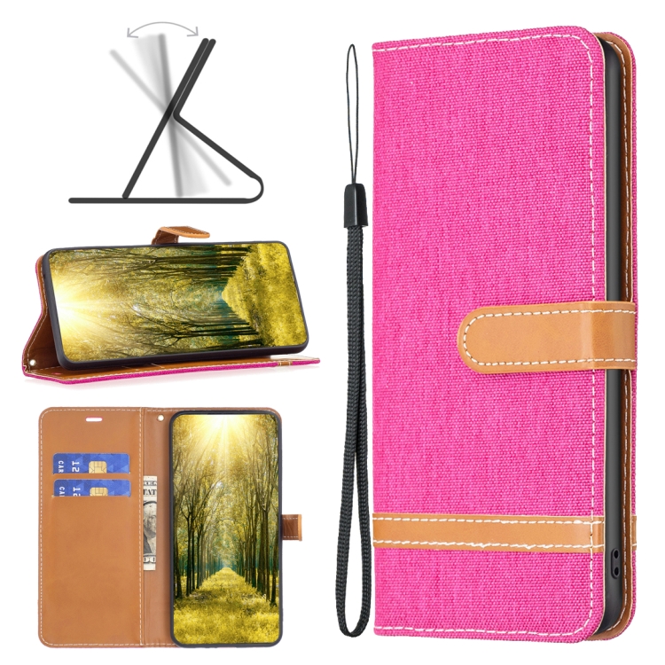 

For Xiaomi Poco M4 Pro Color Block Denim Texture Leather Phone Case(Rose Red)