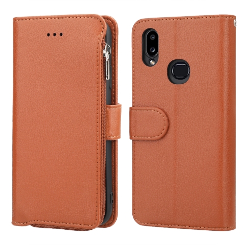 

For Samsung Galaxy A10s Microfiber Zipper Horizontal Flip Leather Case(Brown)