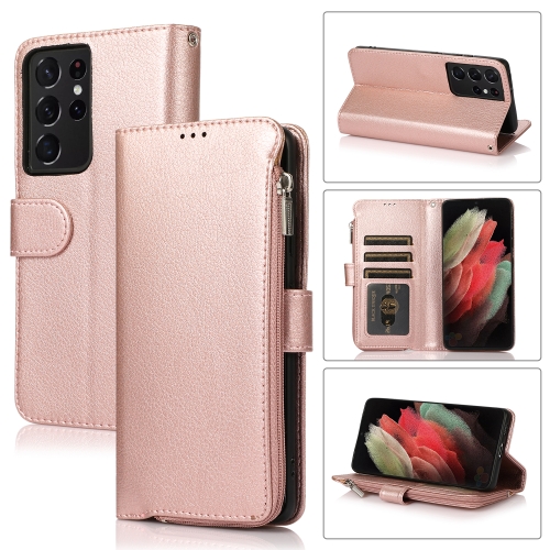 

For Samsung Galaxy S21 Ultra 5G Microfiber Zipper Horizontal Flip Leather Case(Rose Gold)