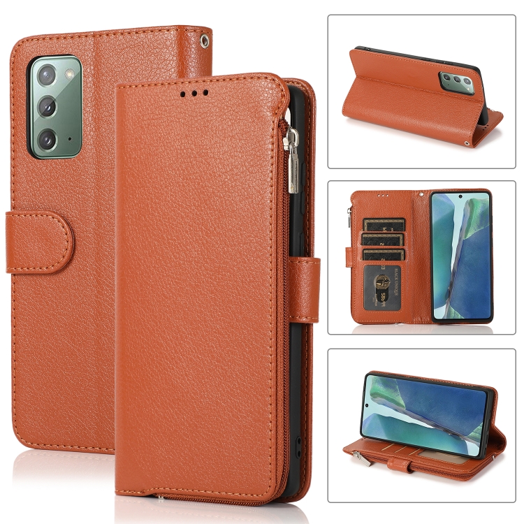 

For Samsung Galaxy Note20 Microfiber Zipper Horizontal Flip Leather Case(Brown)
