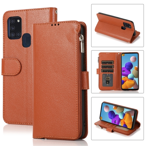 

For Samsung Galaxy A21s Microfiber Zipper Horizontal Flip Leather Case(Brown)