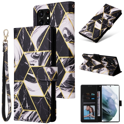 

For Samsung Galaxy S22 Ultra 5G Marble Bronzing Stitching Leather Phone Case(Black)