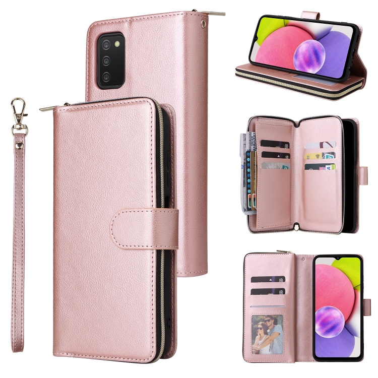 

For Samsung Galaxy A03s EU Version 9 Card Slots Zipper Wallet Bag Leather Phone Case(Rose Gold)