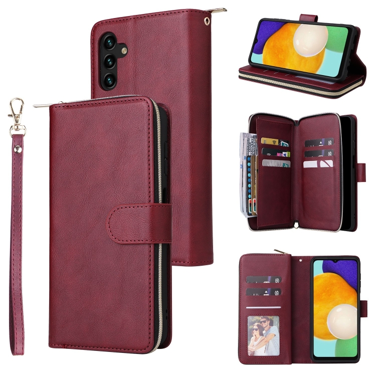 

For Samsung Galaxy A13 5G 9 Card Slots Zipper Wallet Bag Leather Phone Case(Wine Red)
