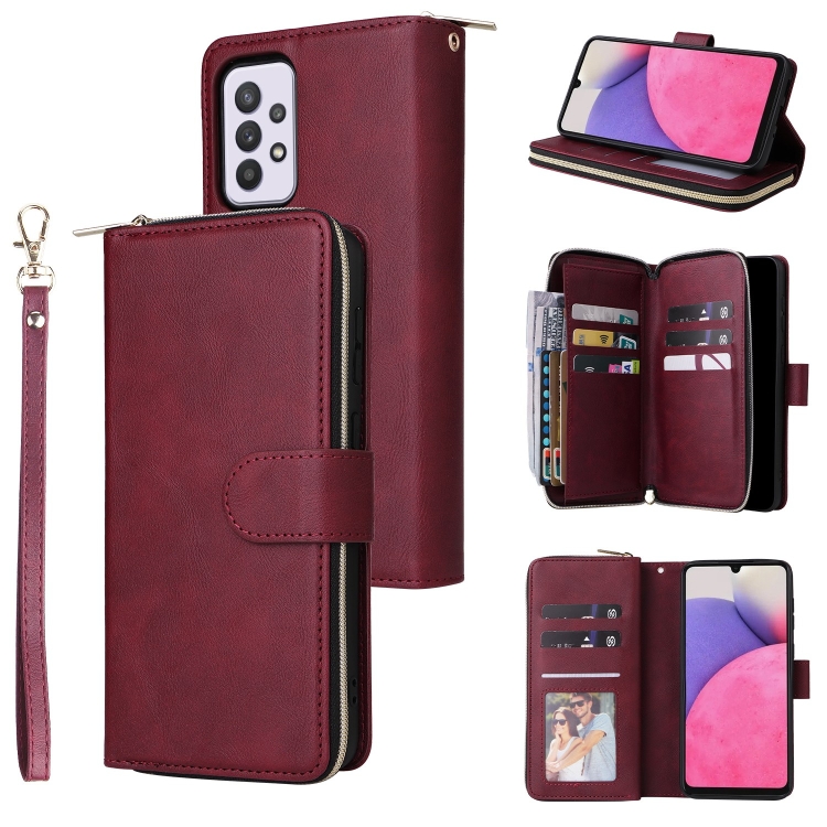 

For Samsung Galaxy A33 5G 9 Card Slots Zipper Wallet Bag Leather Phone Case(Wine Red)
