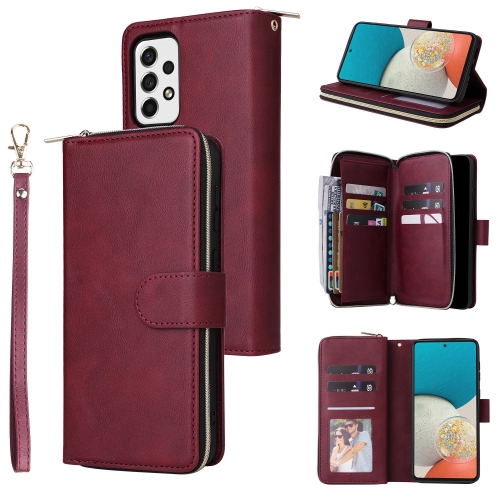 

For Samsung Galaxy A53 5G 9 Card Slots Zipper Wallet Bag Leather Phone Case(Wine Red)