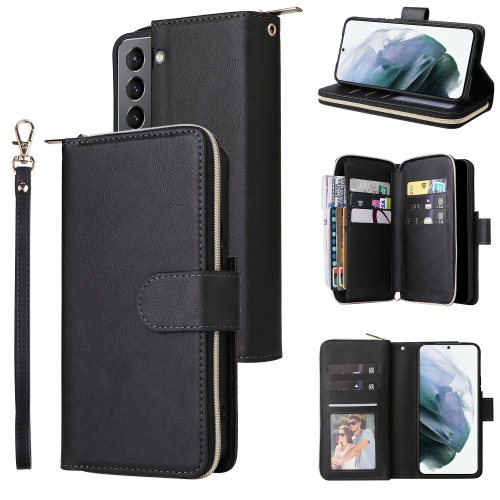 

For Samsung Galaxy S22 5G 9 Card Slots Zipper Wallet Bag Leather Phone Case(Black)