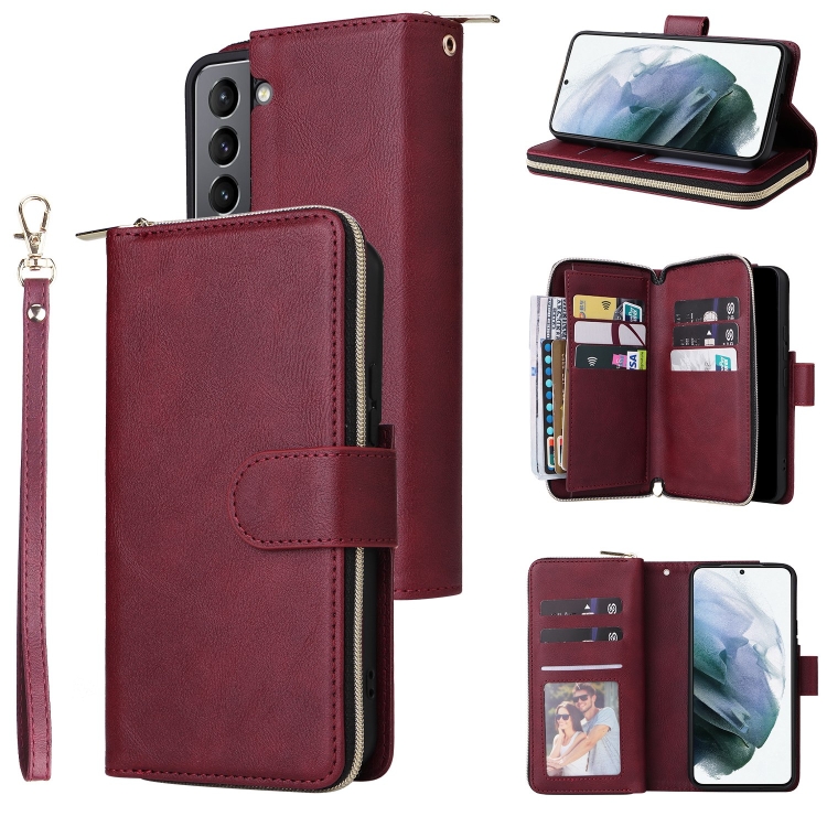 

For Samsung Galaxy S22 5G 9 Card Slots Zipper Wallet Bag Leather Phone Case(Wine Red)