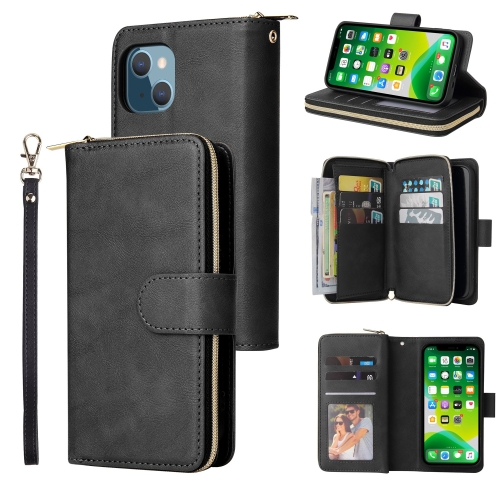 

9 Card Slots Zipper Wallet Bag Leather Phone Case For iPhone 13 mini(Black)