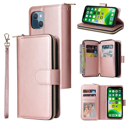 

9 Card Slots Zipper Wallet Bag Leather Phone Case For iPhone 13(Rose Gold)