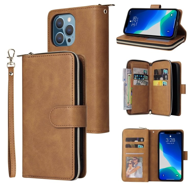 

9 Card Slots Zipper Wallet Bag Leather Phone Case For iPhone 13 Pro Max(Brown)