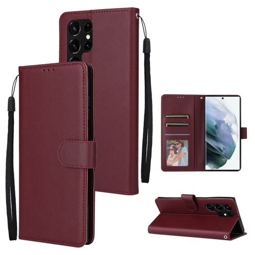 

For Samsung Galaxy S22 Ultra 5G 3 Card Slots Multifunctional Leather Phone Case(Wine Red)