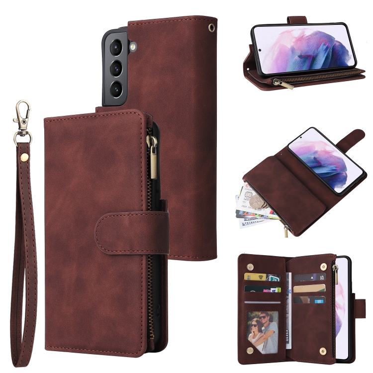 

For Samsung Galaxy S22+ 5G Multifunctional Frosted Zipper Wallet Leather Phone Case(Coffee)