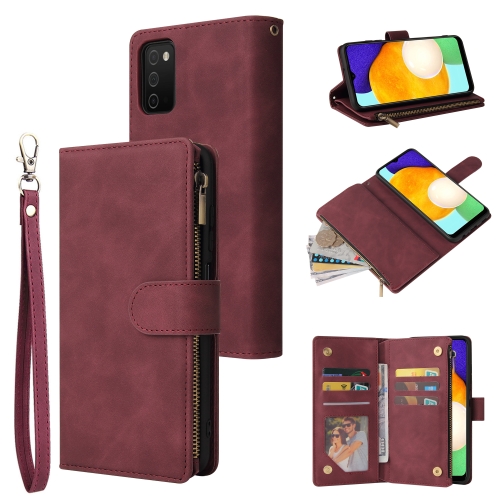 

For Samsung Galaxy A03s 166.5mm Multifunctional Frosted Zipper Wallet Leather Phone Case(Wine Red)