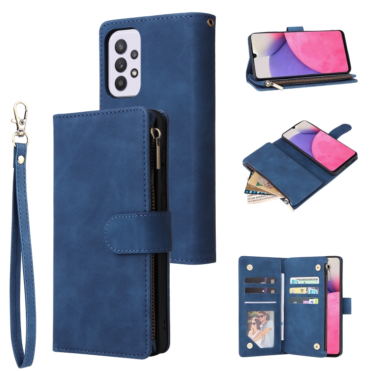 

For Samsung Galaxy A33 5G Multifunctional Frosted Zipper Wallet Leather Phone Case(Blue)