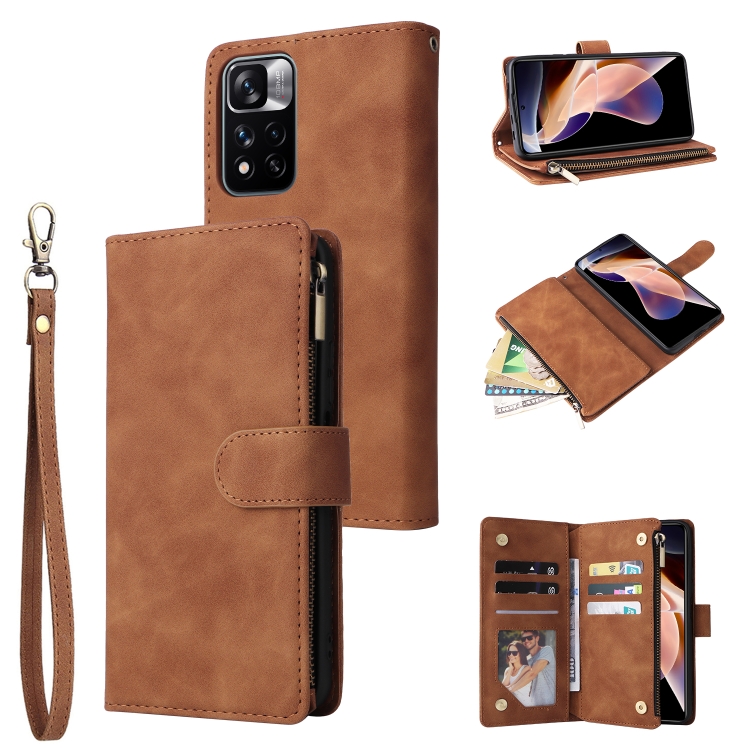 

For Xiaomi Redmi Note 11 Pro China Multifunctional Frosted Zipper Wallet Leather Phone Case(Brown)