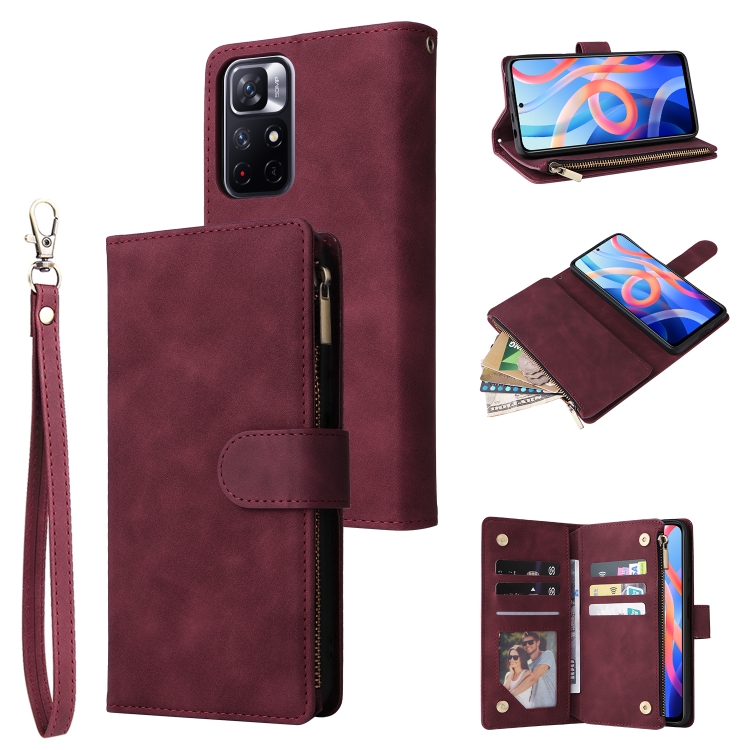 

For Xiaomi Redmi Note 11 China Multifunctional Frosted Zipper Wallet Leather Phone Case(Wine Red)