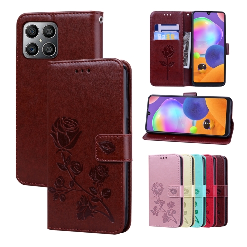 

For Honor X8 Rose Embossed Leather Phone Case(Brown)