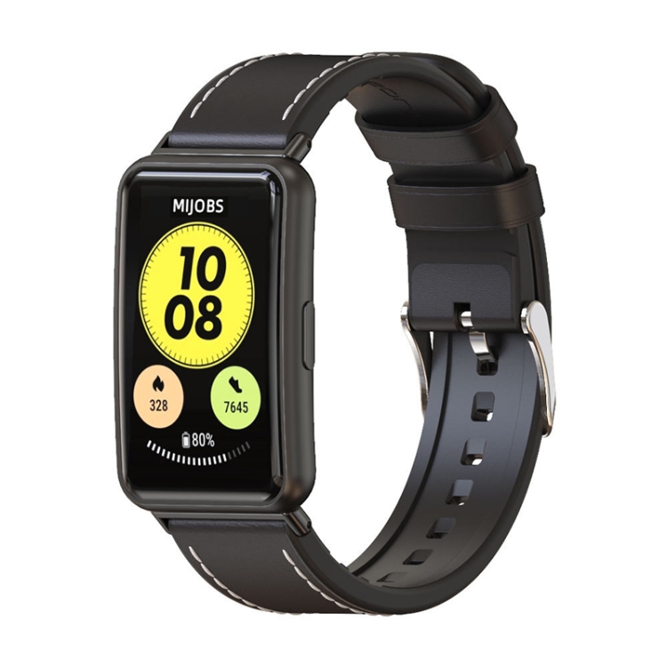 

For Huawei Watch Fit Mijobs Cowhide Leather Watch Band(Black+Black)