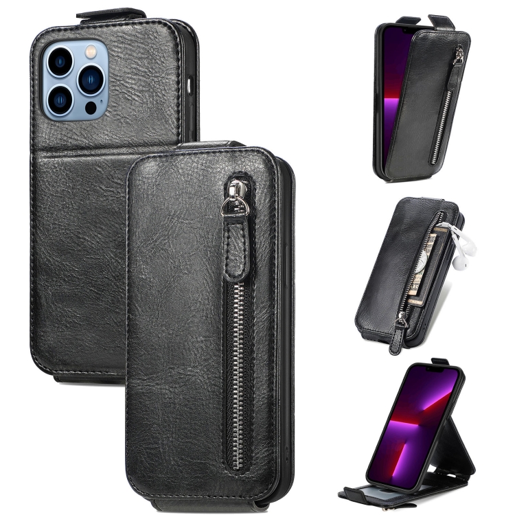 

Zipper Leather Phone Case For iPhone 13 Pro(Black)