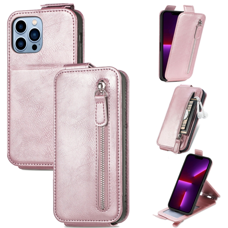 

Zipper Leather Phone Case For iPhone 13 Pro Max(Rose Gold)