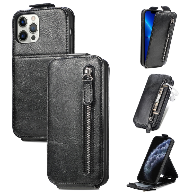 

For iPhone 12 Pro Max Zipper Wallet Vertical Flip Leather Phone Case(Black)