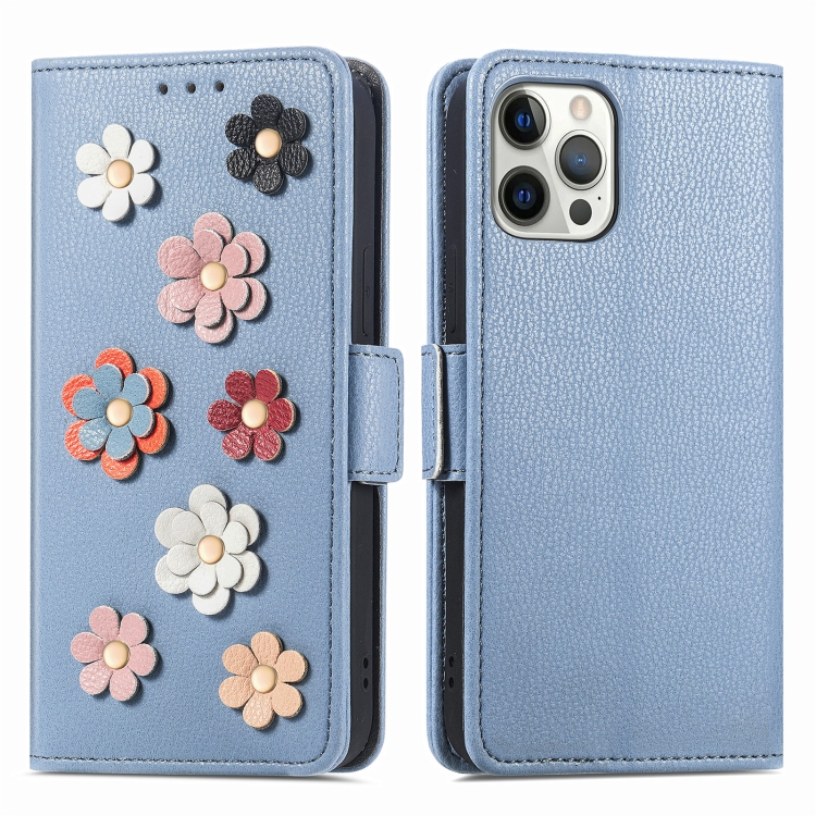 

Stereoscopic Flowers Leather Phone Case For iPhone 13 Pro Max(Blue)