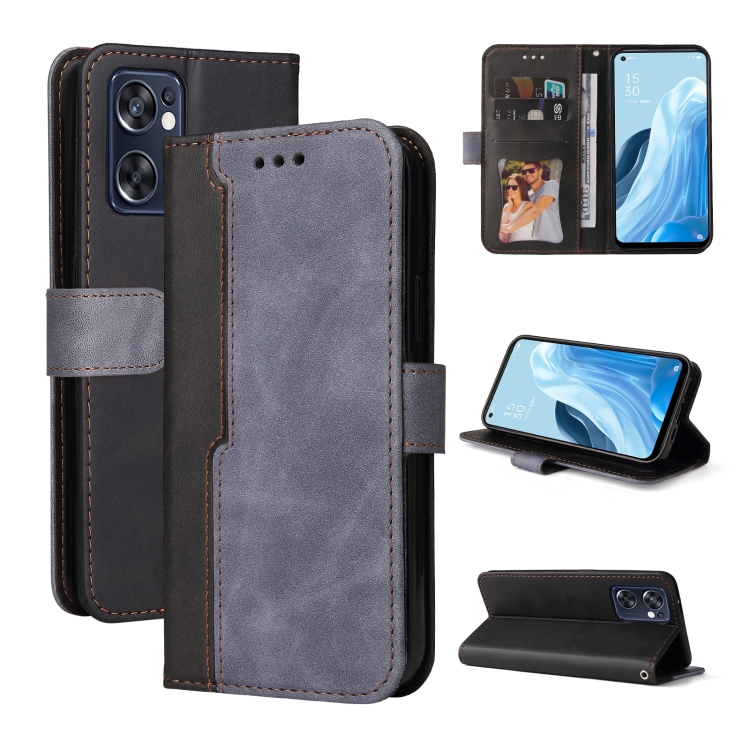 

For OPPO Reno7 SE 5G Stitching-Color Flip Leather Phone Case(Grey)