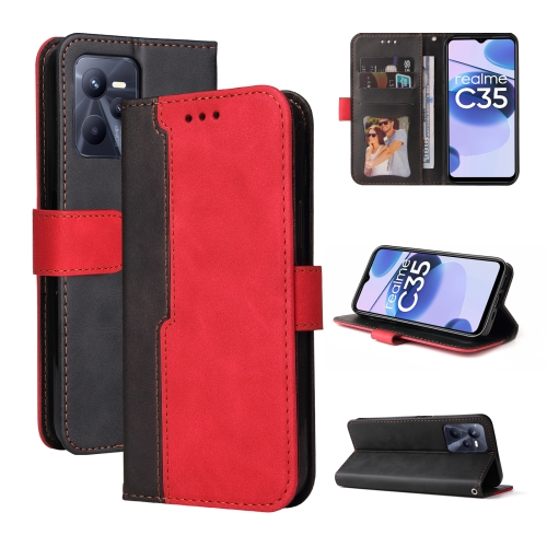 

For OPPO Realme C35 Stitching-Color Flip Leather Phone Case(Red)