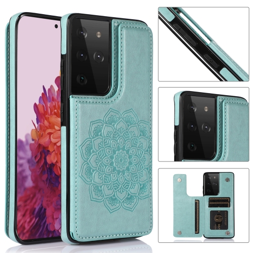 

For Samsung Galaxy S21 Ultra 5G Double Buckle Mandala PU+TPU Phone Case(Green)