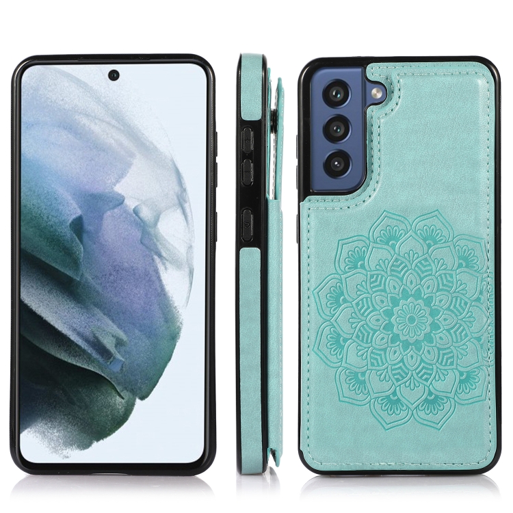 

For Samsung Galaxy S21 FE 5G Double Buckle Mandala PU+TPU Phone Case(Green)
