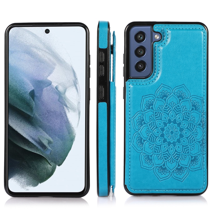 

For Samsung Galaxy S21 FE 5G Double Buckle Mandala PU+TPU Phone Case(Blue)