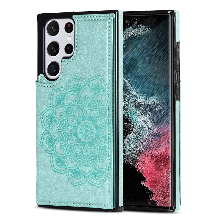 

For Samsung Galaxy S22 Ultra 5G Double Buckle Mandala PU+TPU Phone Case(Green)