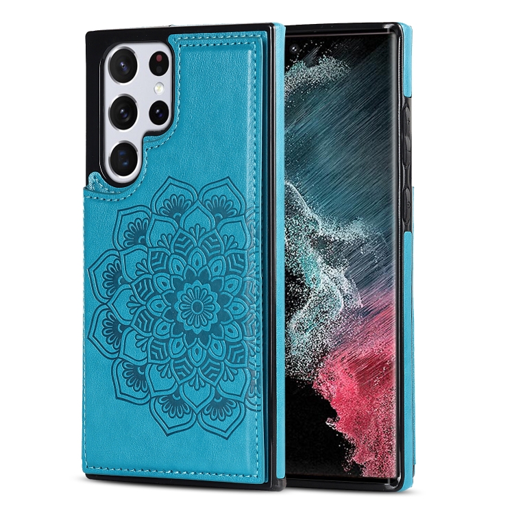 

For Samsung Galaxy S22 Ultra 5G Double Buckle Mandala PU+TPU Phone Case(Blue)