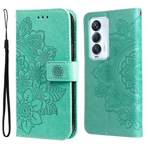 

For Tecno Camon 18 Premier 7-petal Flowers Embossed Flip Leather Phone Case(Green)