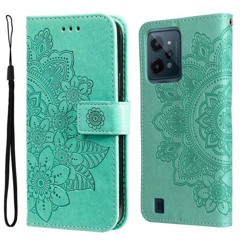

For OPPO Realme C31 4G 7-petal Flowers Embossed Flip Leather Phone Case(Green)